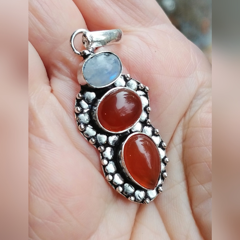 NWOT Natural Carnelian and Rainbow Moonstone Pendant .925 Sterling Overlay
